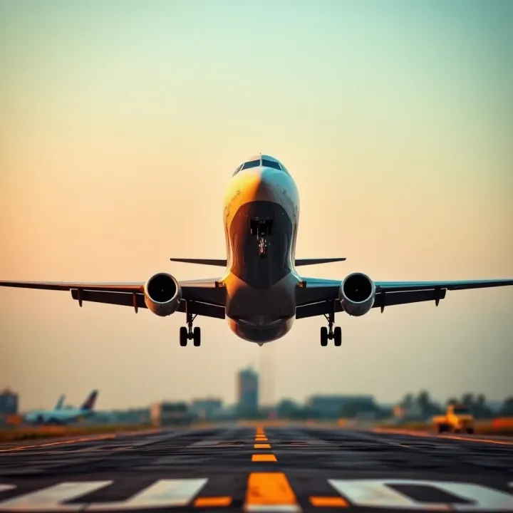 Airplane taking off from an airport runway in Nigeria with clear sky