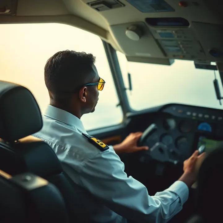 Pilot operating cockpit controls of a commercial airplane during flight