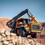 Modern mining equipment extracting minerals from an open pit mine under clear skies