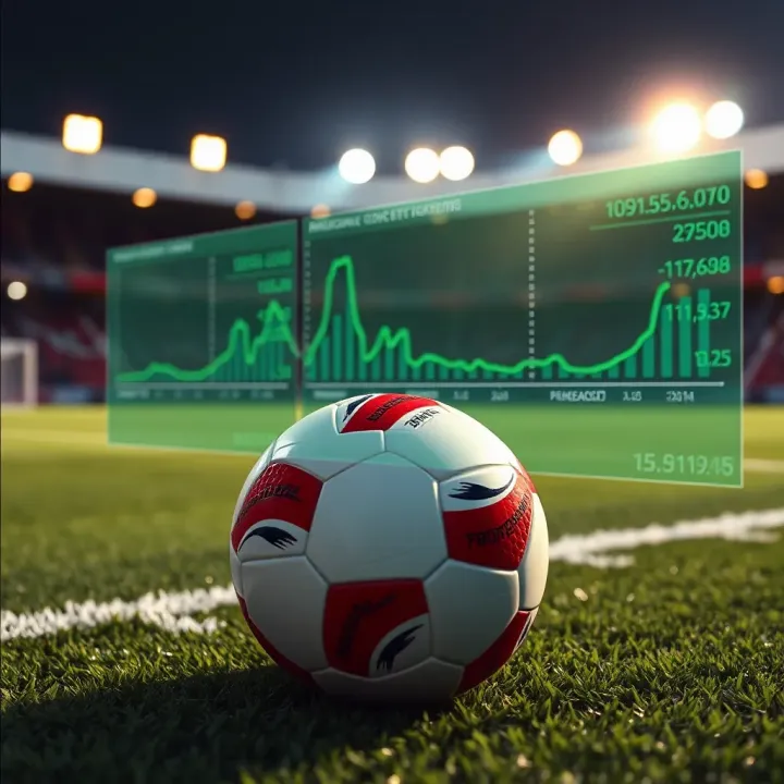Football pitch with statistical data overlay showing team performance trends for score prediction