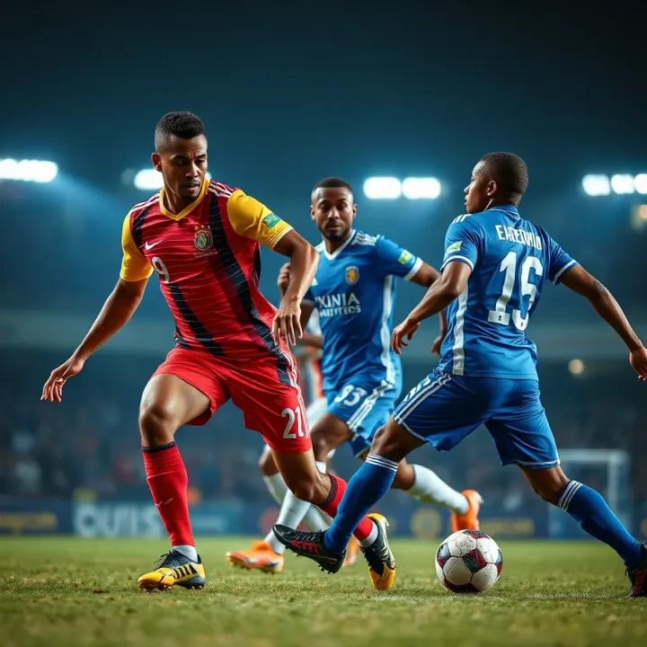 African footballers competing intensely during a crucial AFCON match