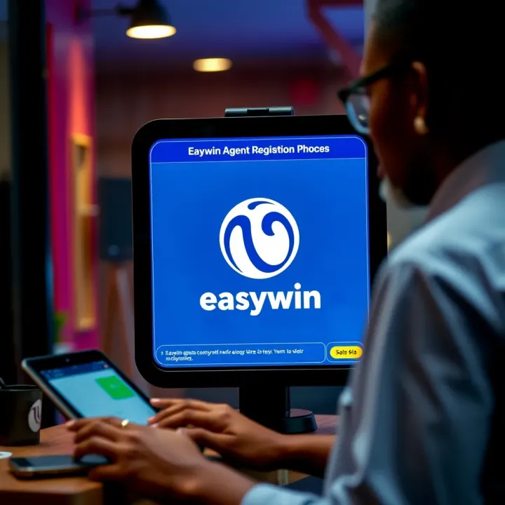 Easywin Agent Registration Process in Nigeria Illustration showing a person registering through a digital platform with Easywin logo
