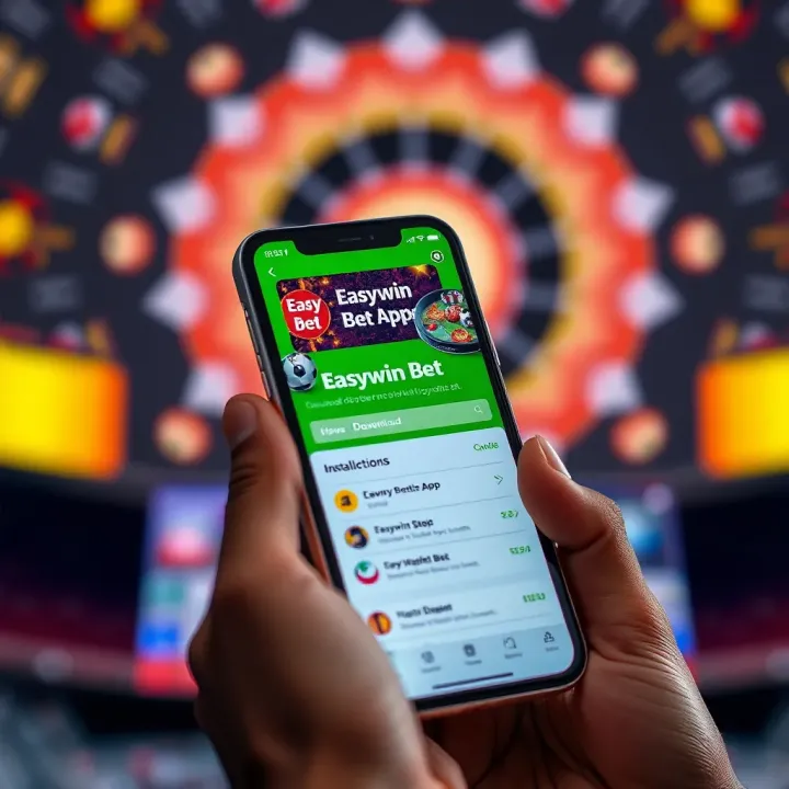 Illustration of mobile phone displaying Easywin Bet app download page and installation instructions