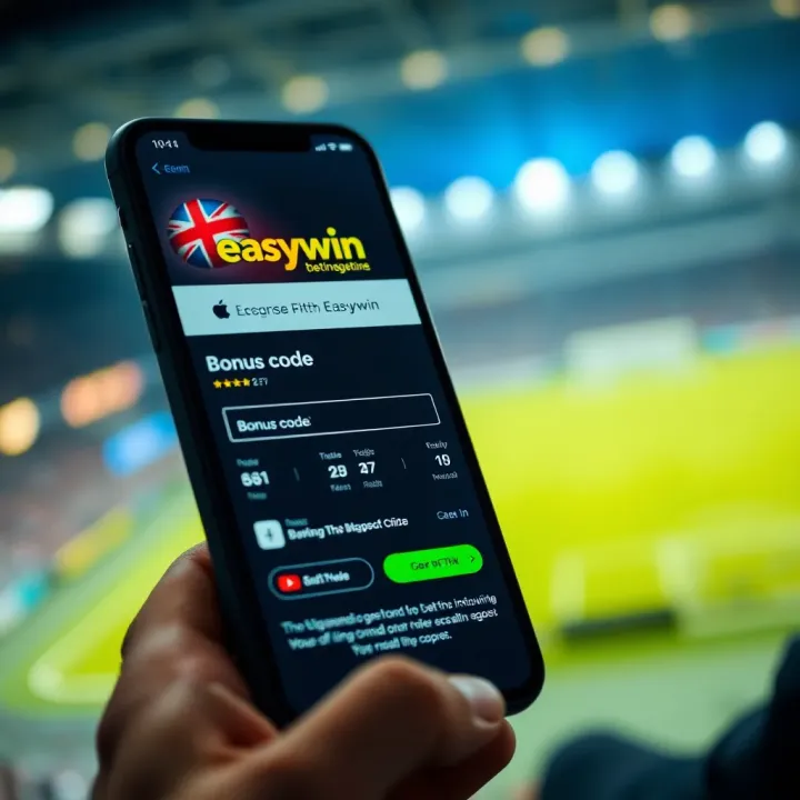 Illustration of a smartphone screen displaying the Easywin betting platform with bonus code input field highlighted