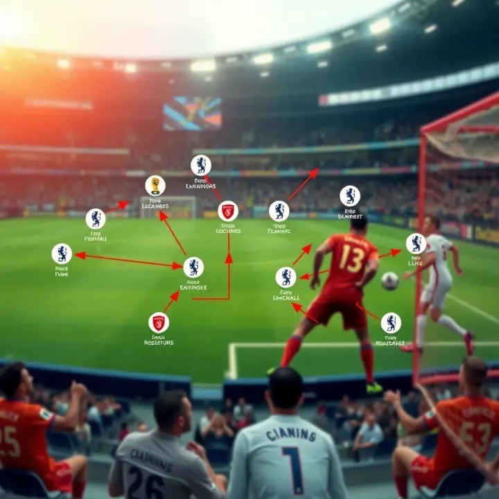 Illustration of a football pitch with various tactical symbols and arrows indicating team strategies