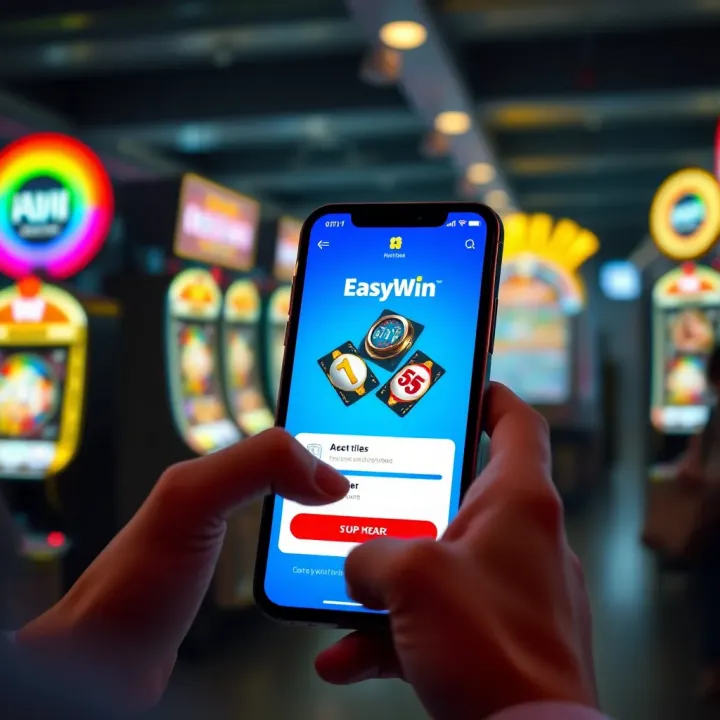 Illustration of a user navigating the EasyWin Game App registration screen on a smartphone