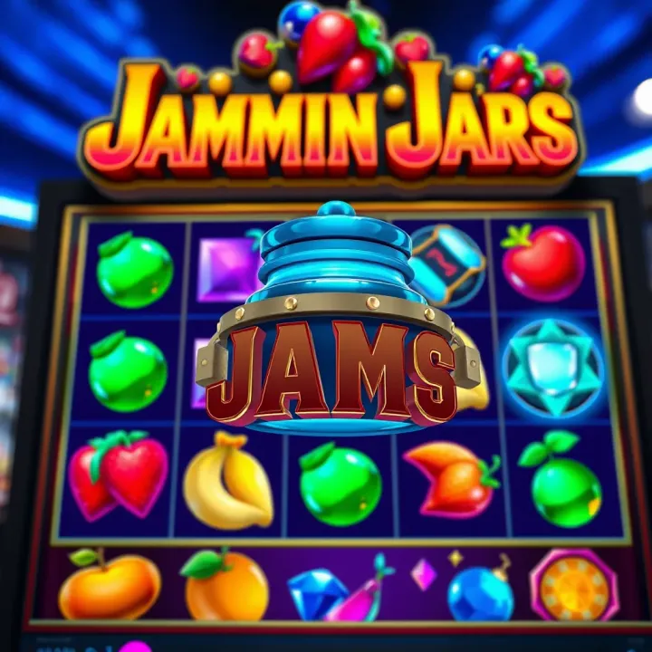 Colorful Jammin Jars slot symbols with fruits and gems on a vibrant game grid