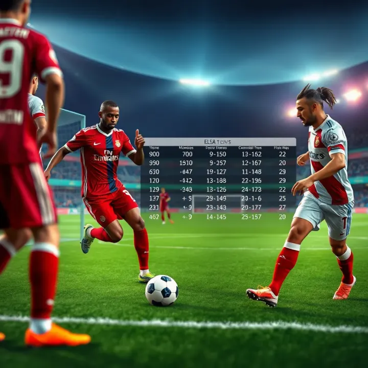 Football pitch with team statistics and player performance graphs overlay
