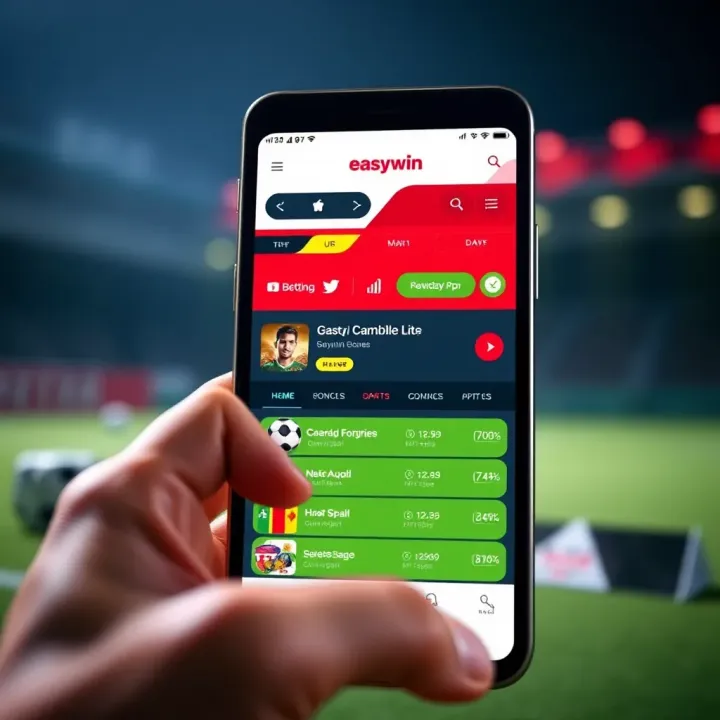 User interface showcasing Easywin Mobile Lite app on a smartphone with betting options displayed