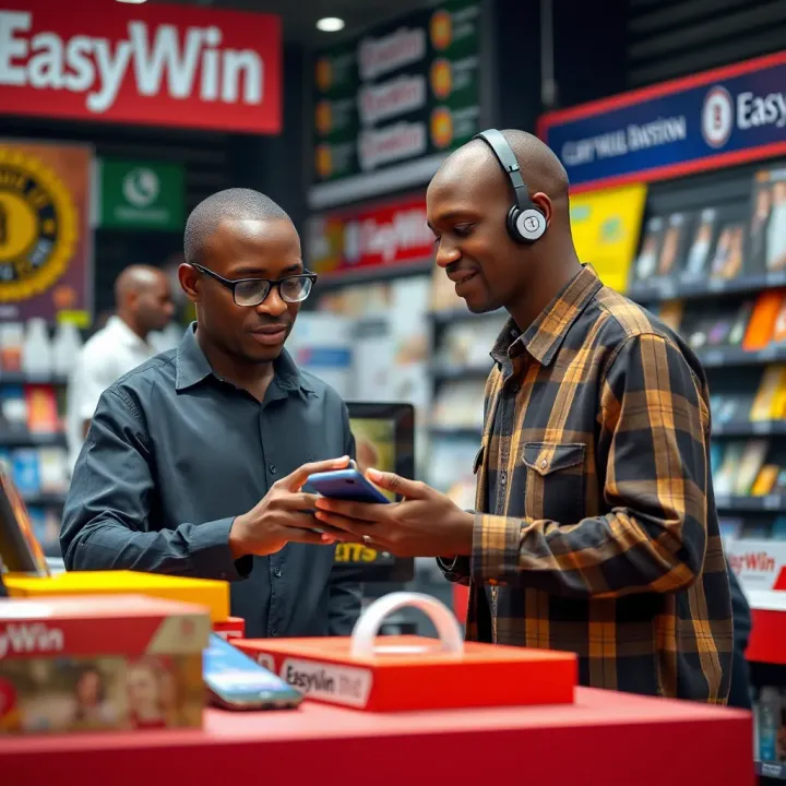 Customer service representative assisting a client with mobile phone purchase at EasyWin Mobile Shop