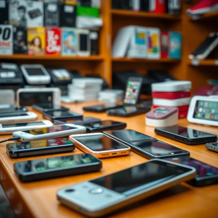 Selection of pre-owned mobile phones displayed on a wooden table