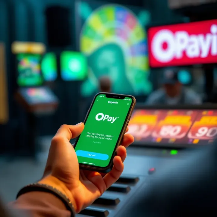 User making a secure digital payment on a smartphone using OPay app for online gaming