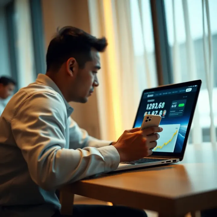 User navigating Easywin platform on a laptop and smartphone