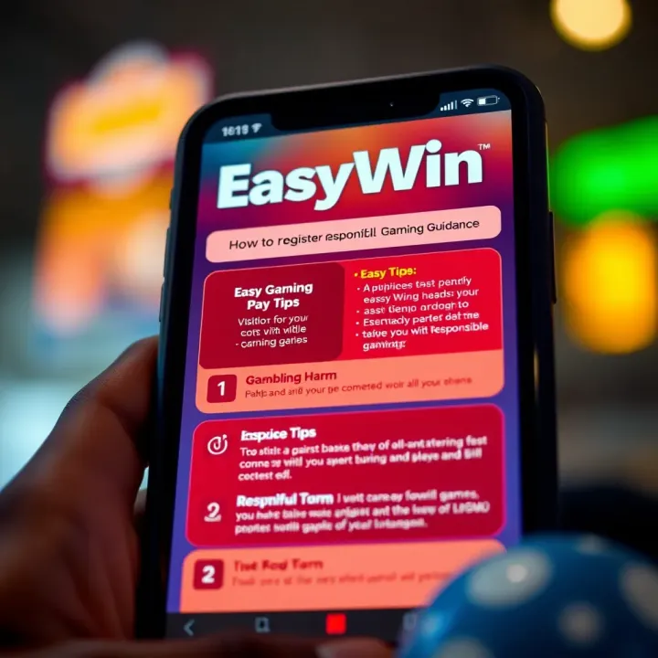 Illustration of a mobile device displaying EasyWin platform features and responsible gaming tips