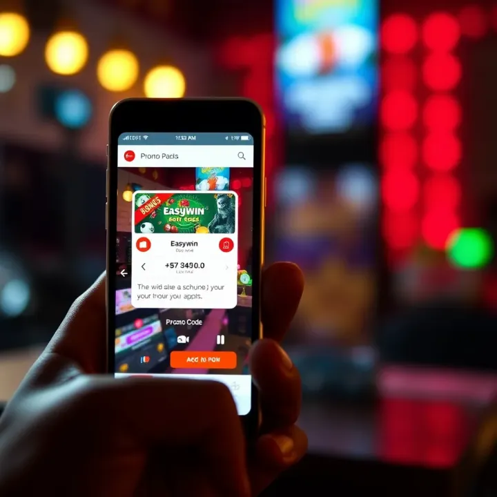 Smartphone displaying Easywin app with promo code screen and bonus highlights