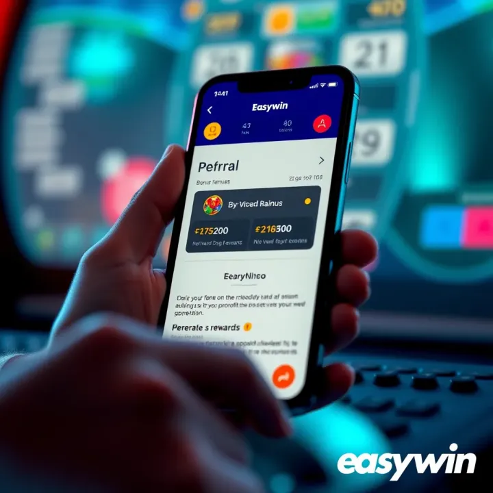 Illustration of a mobile device showing the Easywin app referral dashboard with reward notifications