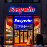 Entrance of Easywin Shop showing open sign and storefront with various products displayed