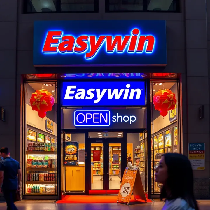 Entrance of Easywin Shop showing open sign and storefront with various products displayed
