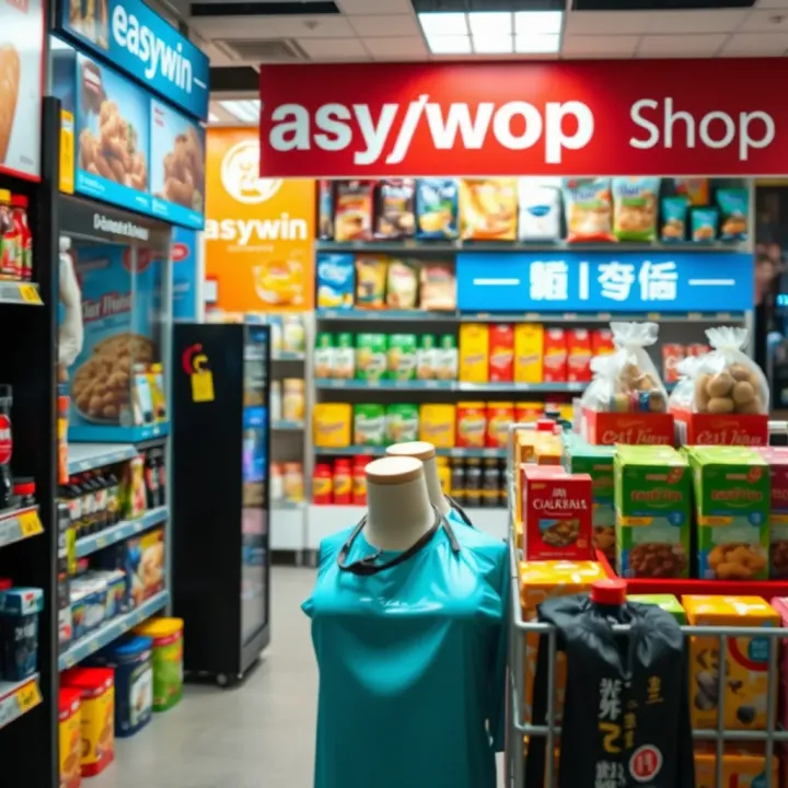 Display of diverse products including groceries and electronics available at Easywin Shop