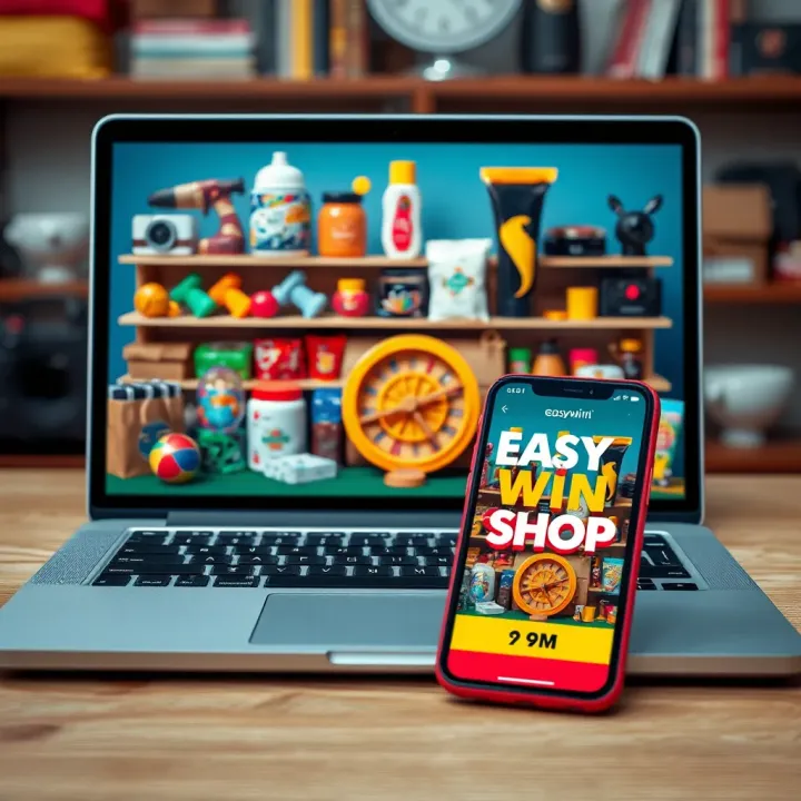Variety of products available on EasyWin Shop displayed on laptop and smartphone
