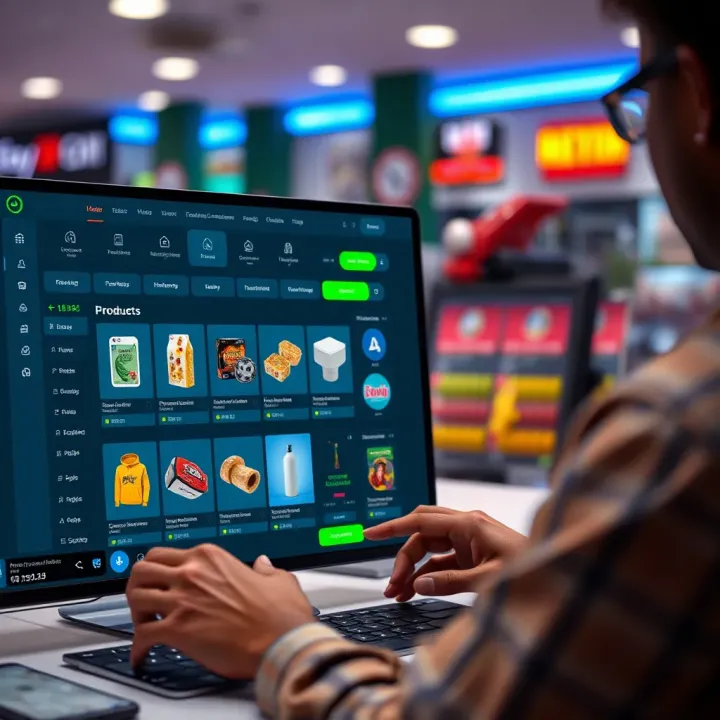 User navigating the Webshop Easywin online platform interface showcasing product categories and search features