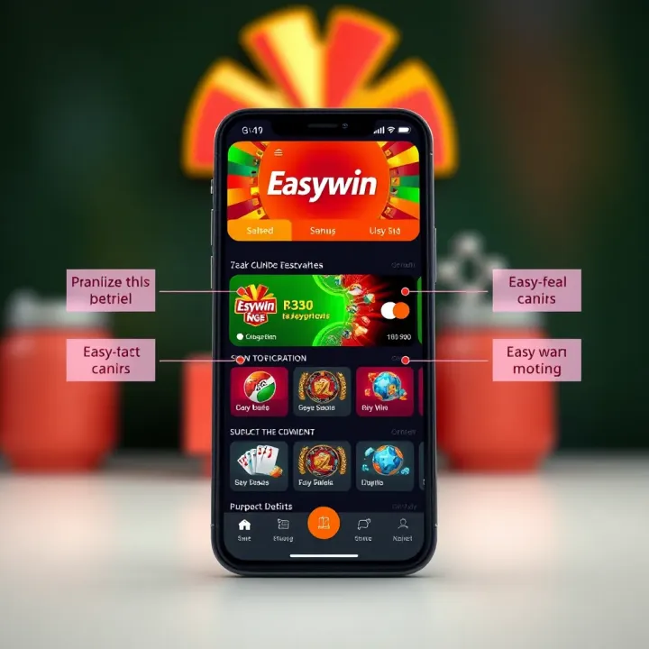 Screenshot displaying Easywin NG app interface on a smartphone with key features highlighted
