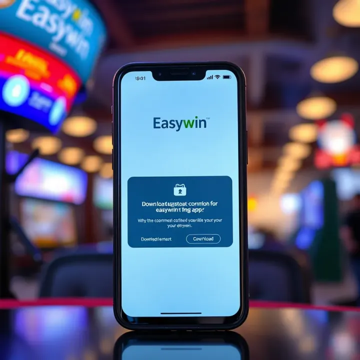 Illustration of mobile phone showing system requirements and download confirmation for Easywin NG app