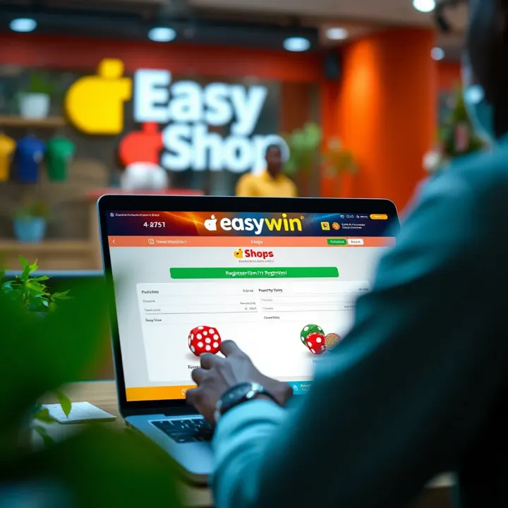 User registering on Easywin Shop online platform with a laptop displaying registration form