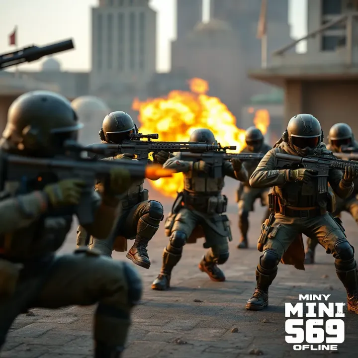 Gameplay action showcasing multiplayer battle in Mini Militia 69 Offline with characters using various weapons