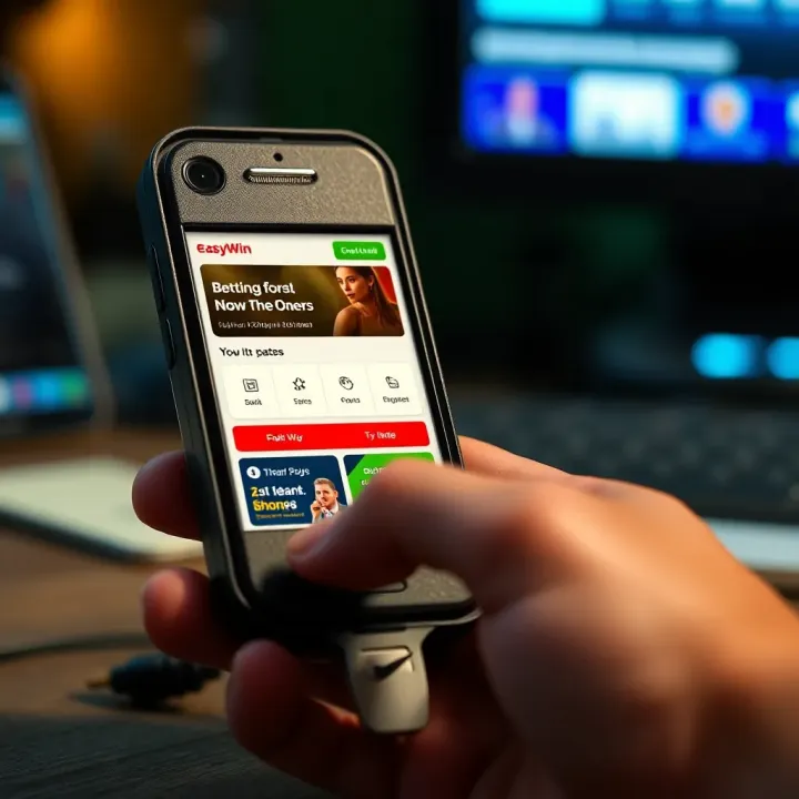 Illustration of a user accessing EasyWin betting services through a basic mobile browser on a vintage phone model