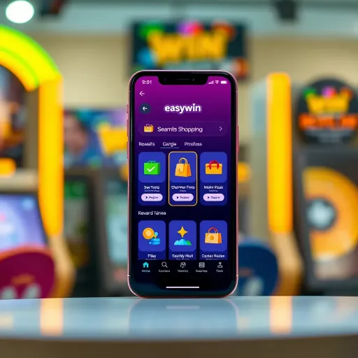 Mobile phone displaying the EasyWin app interface with shopping and reward icons
