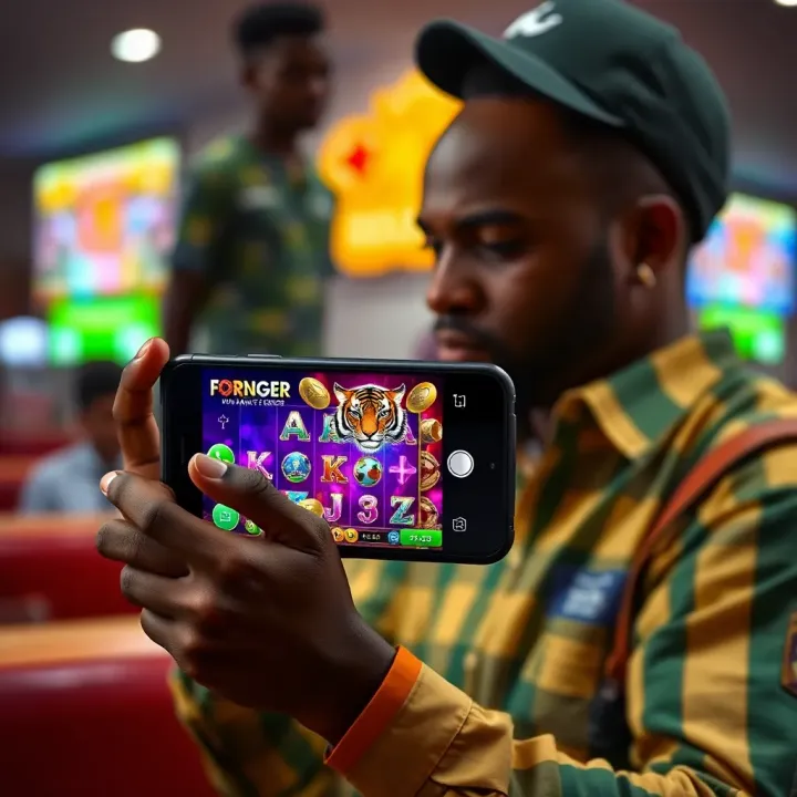 Illustration of Nigerian player engaging with Easywin platform on a smartphone with game elements visible