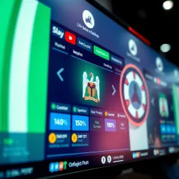 Digital interface displaying online betting platforms with Nigerian flag and regulatory symbols