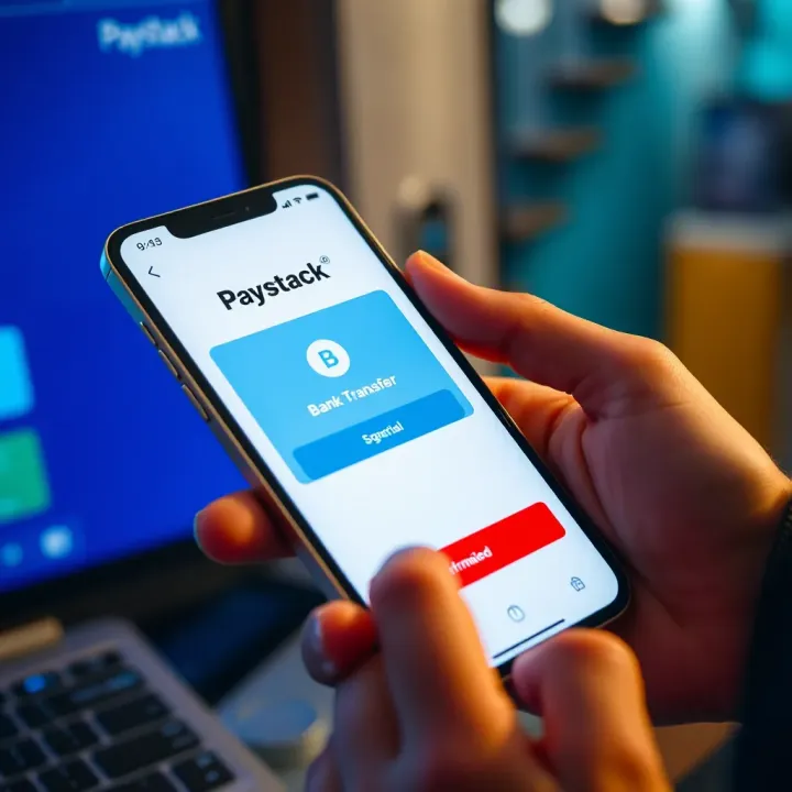 Mobile phone displaying bank transfer confirmation screen from Paystack app