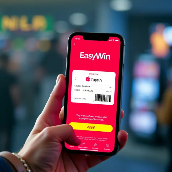 Applying Promo Codes on EasyWin Platform Illustration showing a digital coupon code being applied on a mobile device with EasyWin logo visible