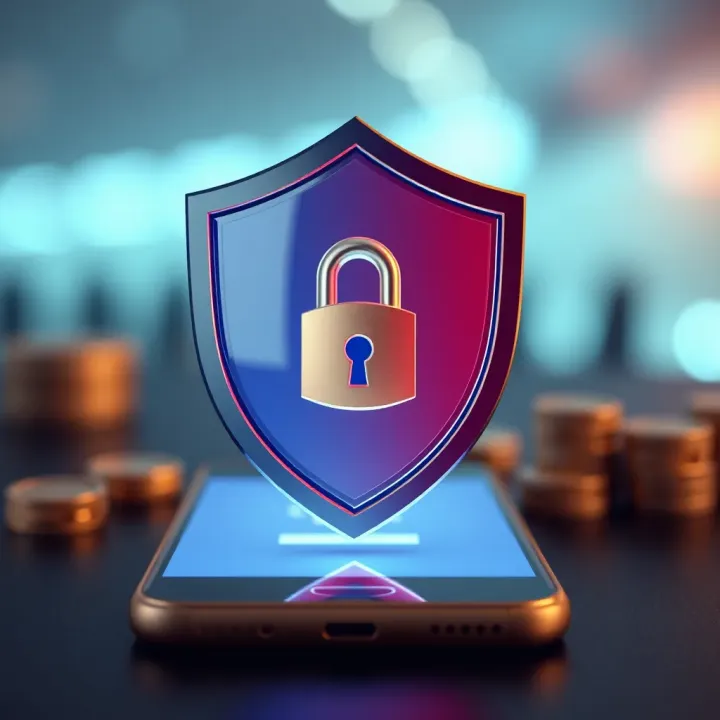 Secure login concept with shield and padlock over mobile device