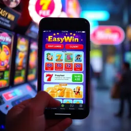 Mobile phone displaying EasyWin Game App interface with colorful game options and prize details