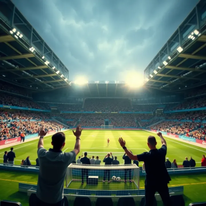 Illustration showing a football pitch highlighting the home team side with fans cheering in a stadium