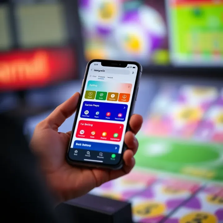 Mobile phone displaying the mEasywin app interface with lottery and betting options