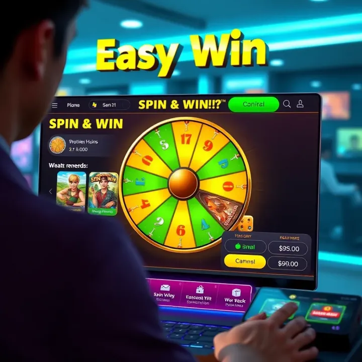 User interface of EasyWin platform showing Spin and Win feature with rewards and strategy tips